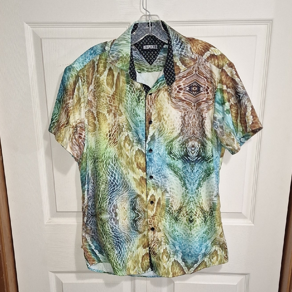 Bespoke Aqua Fashion Print Button Down-Green/Brown Reptile Patterned Shirt-S